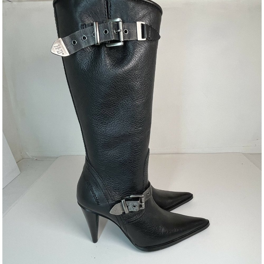 NEW Harley Davidson Womens 7.5 Black Leather Heeled Boot Mesh Buckles Cone Heel